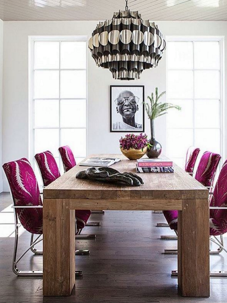 furniture refinishing dining room with wood table and pink chairs