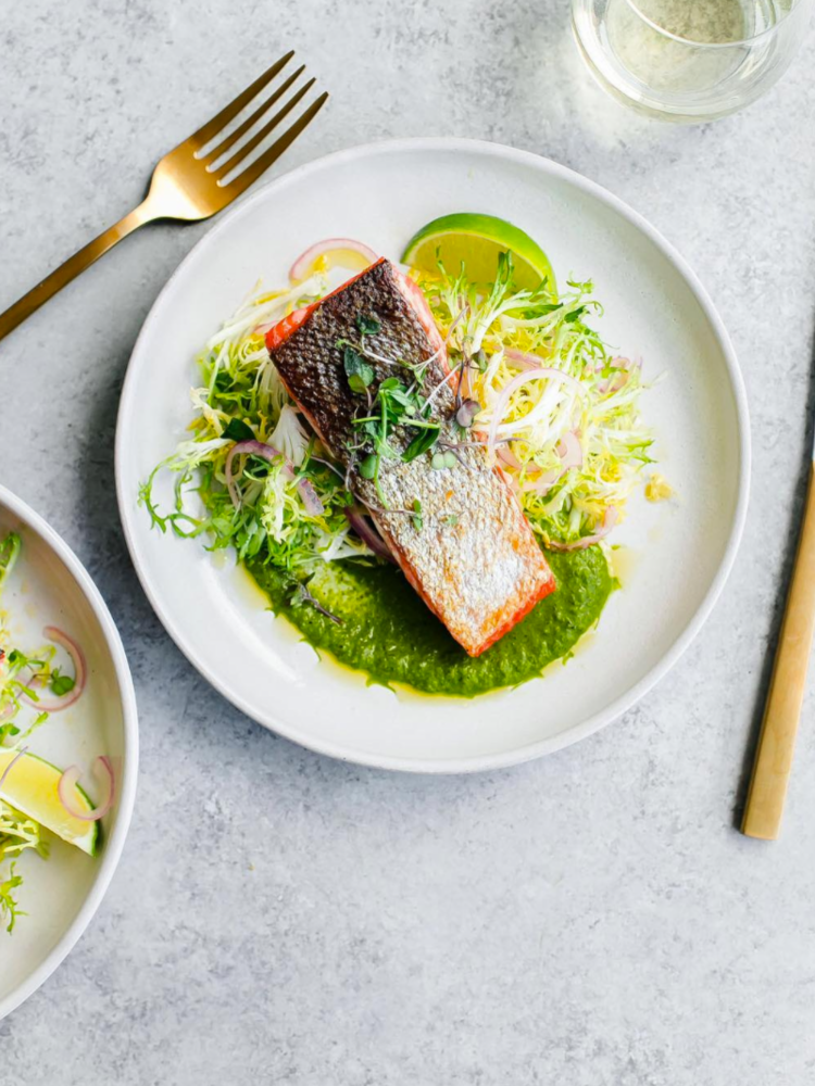 healthy food salmon with green sauce