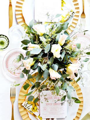 Flowers For Bridal Shower Gold and Green and Orange and Pink and White Table Setting
