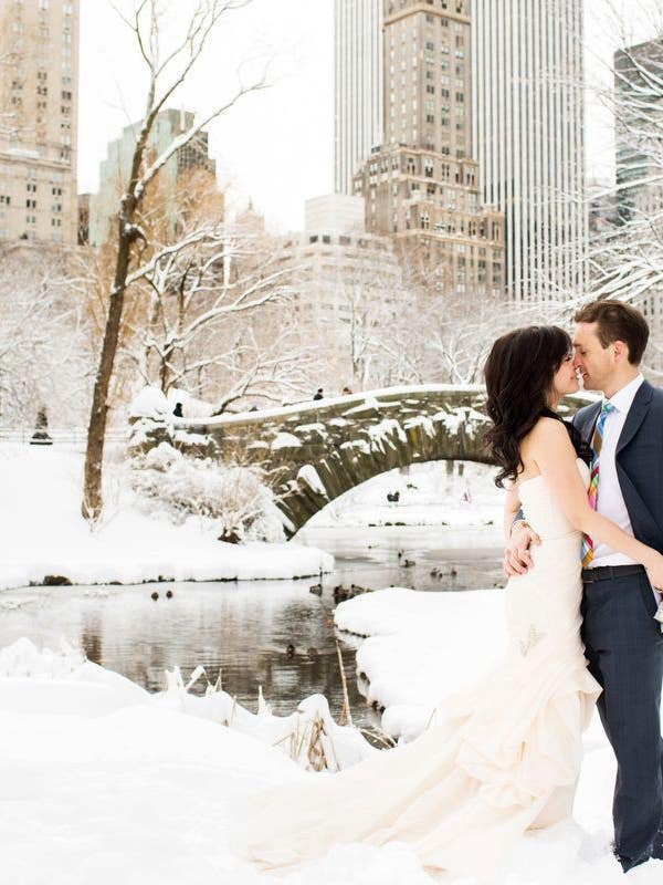 wedding photo in central park with snow