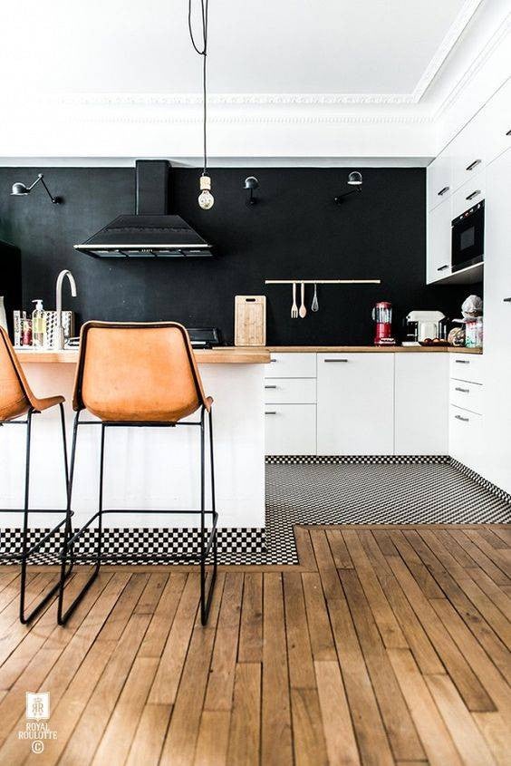 black accent walls black and white kitchen with leather chairs