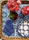 4th of July summer holiday table decorations blue patterned tray with red flowers