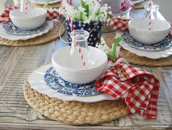 4th of July summer holiday table decorations rattan placemat and white dishes