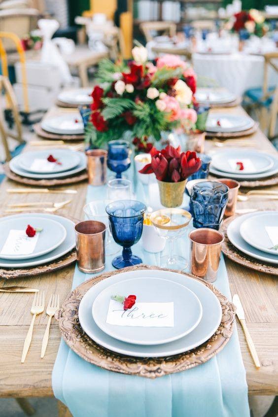 4th of July summer holiday table decorations blue and brown table setting
