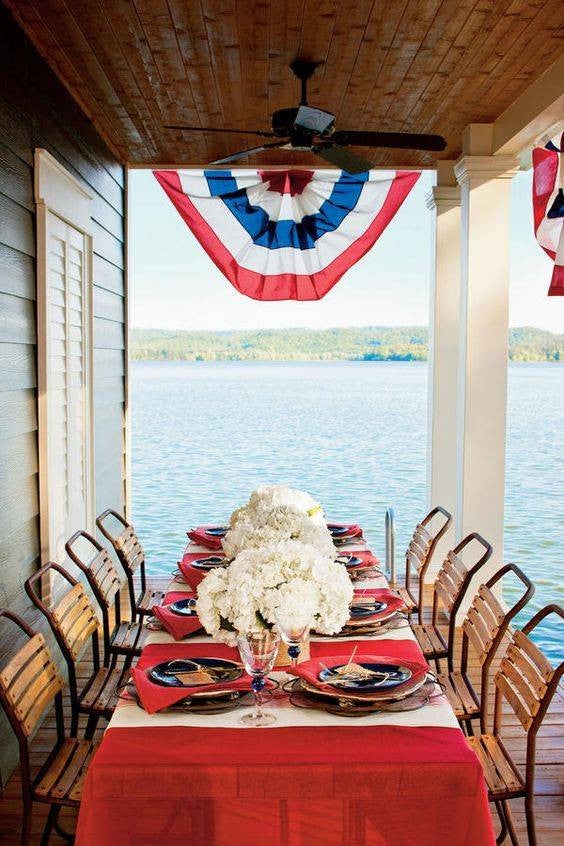 4th of July summer holiday table decorations red tablecloth by the beach