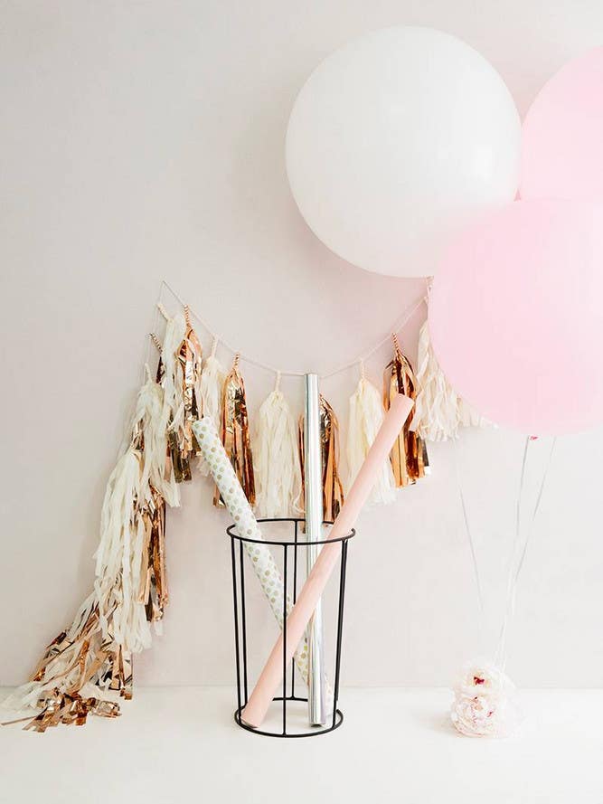 minimalist wire planter base party corner with balloons and wire base