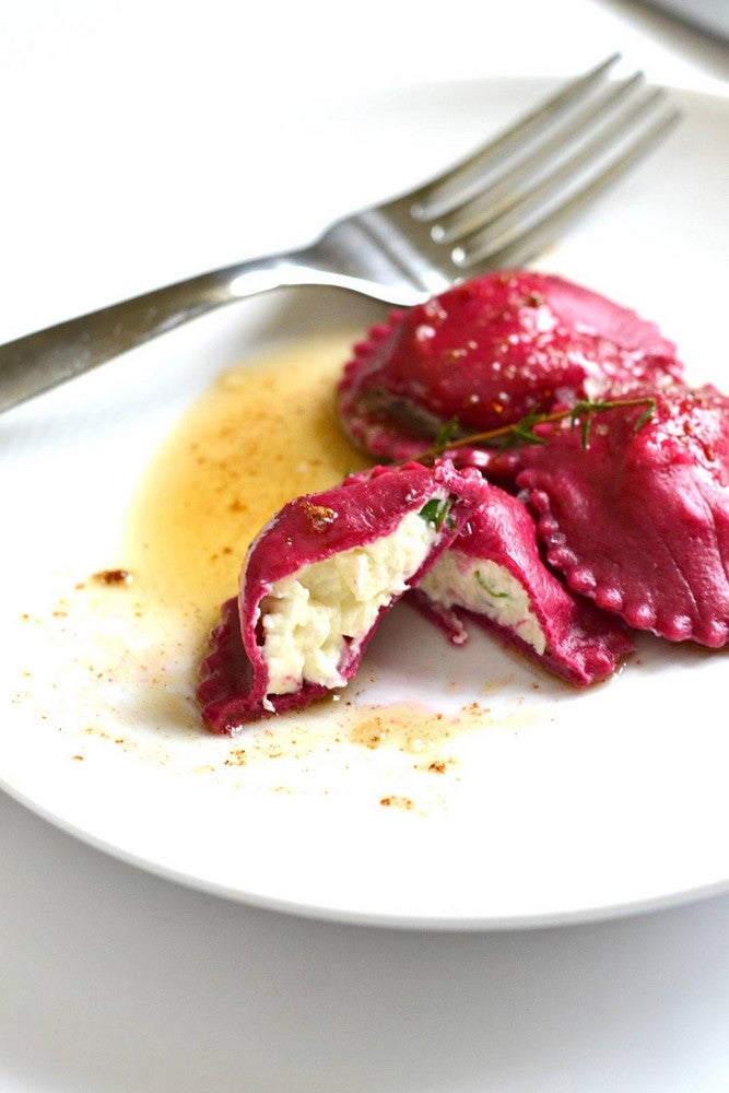 beet dye  roasted beet ravioli with goat cheese and herbs