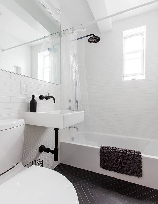 online interior design surfaces white bathroom with black floor
