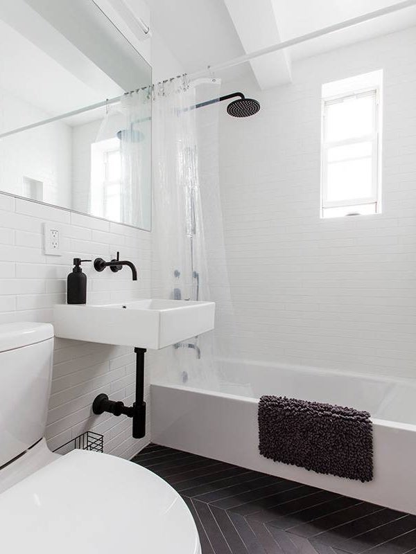 online interior design surfaces white bathroom with black floor