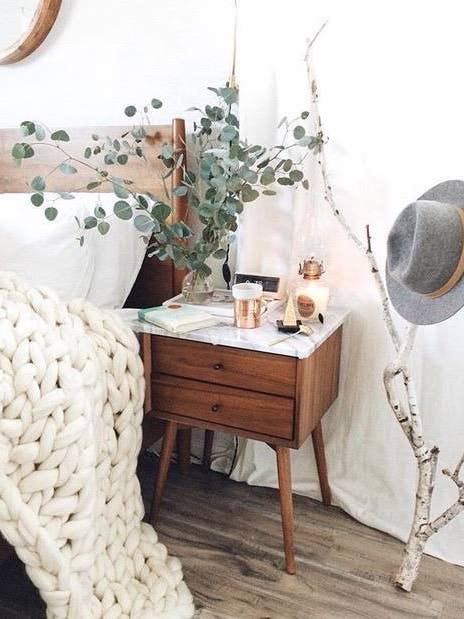 decor accessories wood nightstand in white bedroom