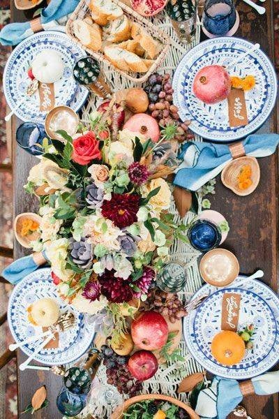 thanksgiving tablescapes blue and white and yellow table setting