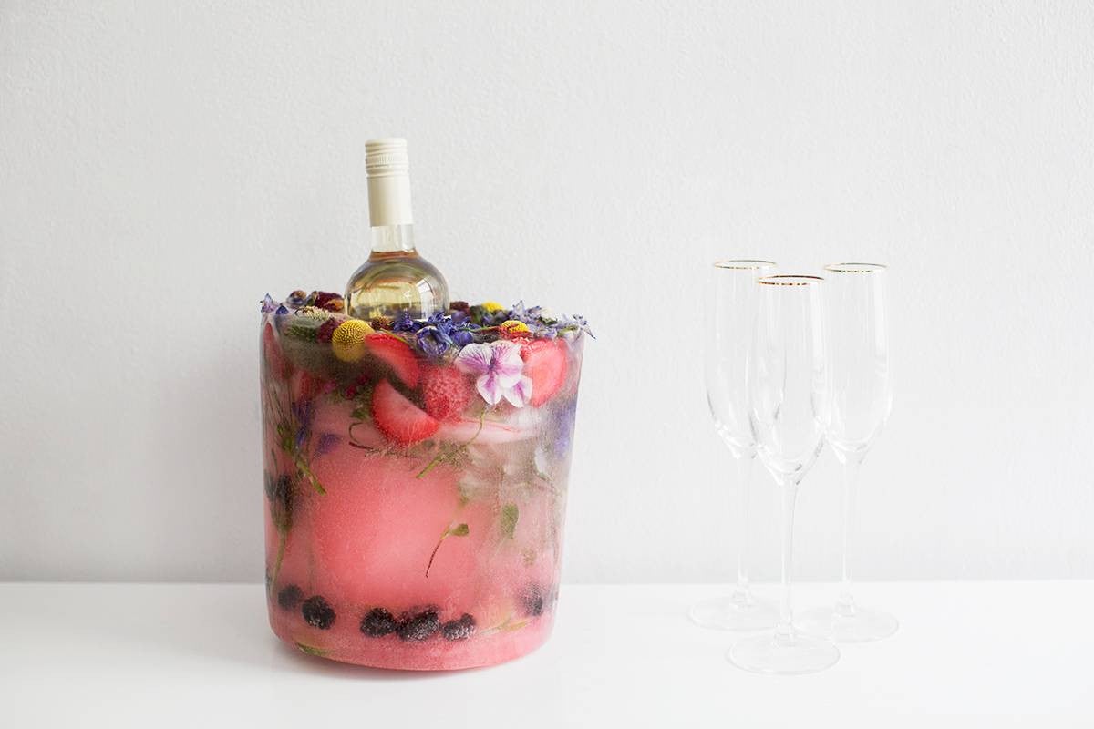 DIY Fruit And Flowers Ice Bucket  ice frozen into a bucket shape