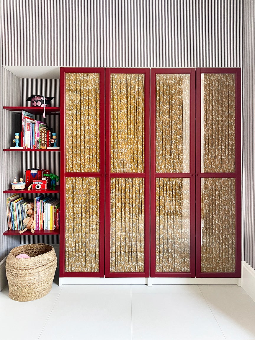red cabinet lined with fabric
