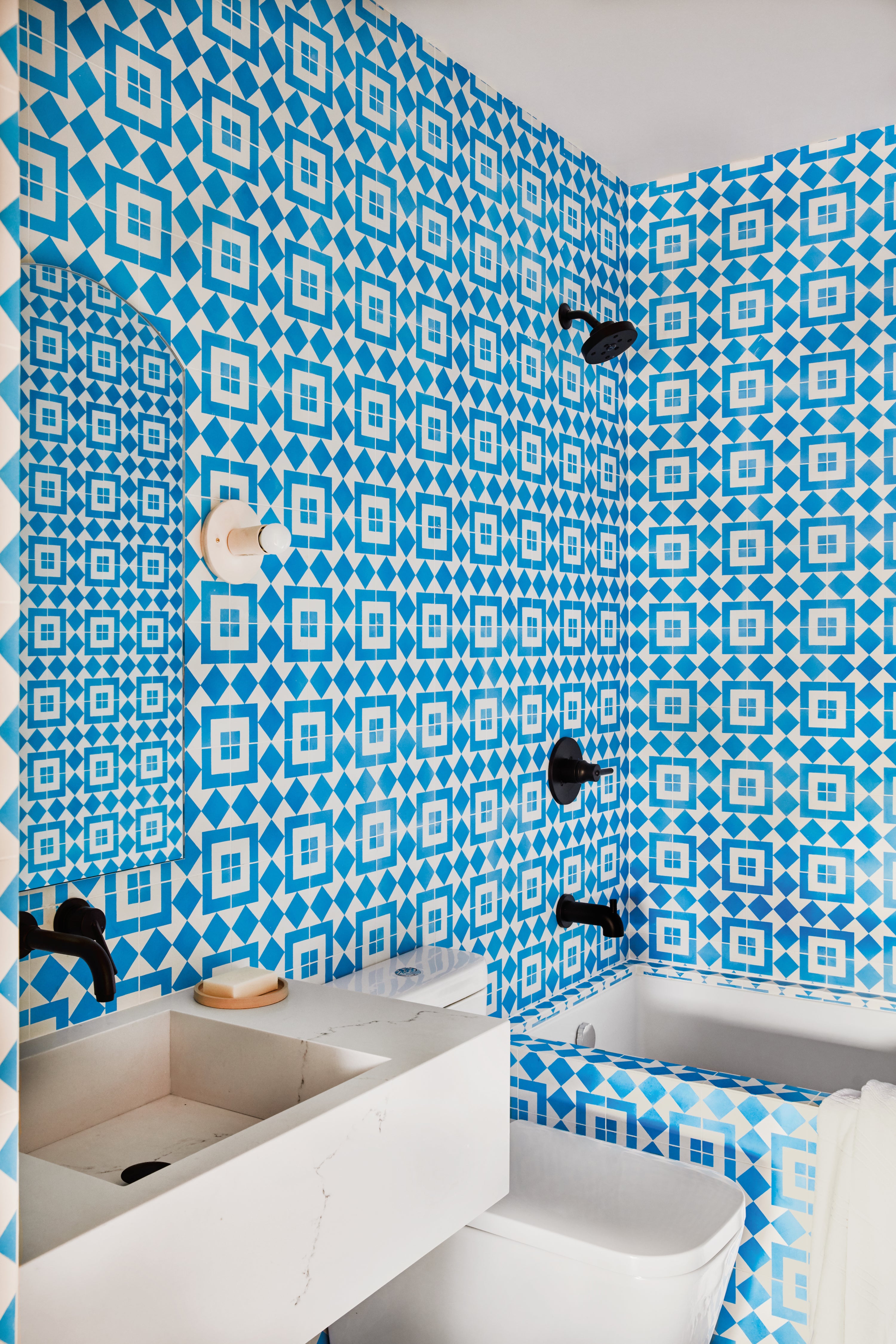 blue moroccan tiled shower