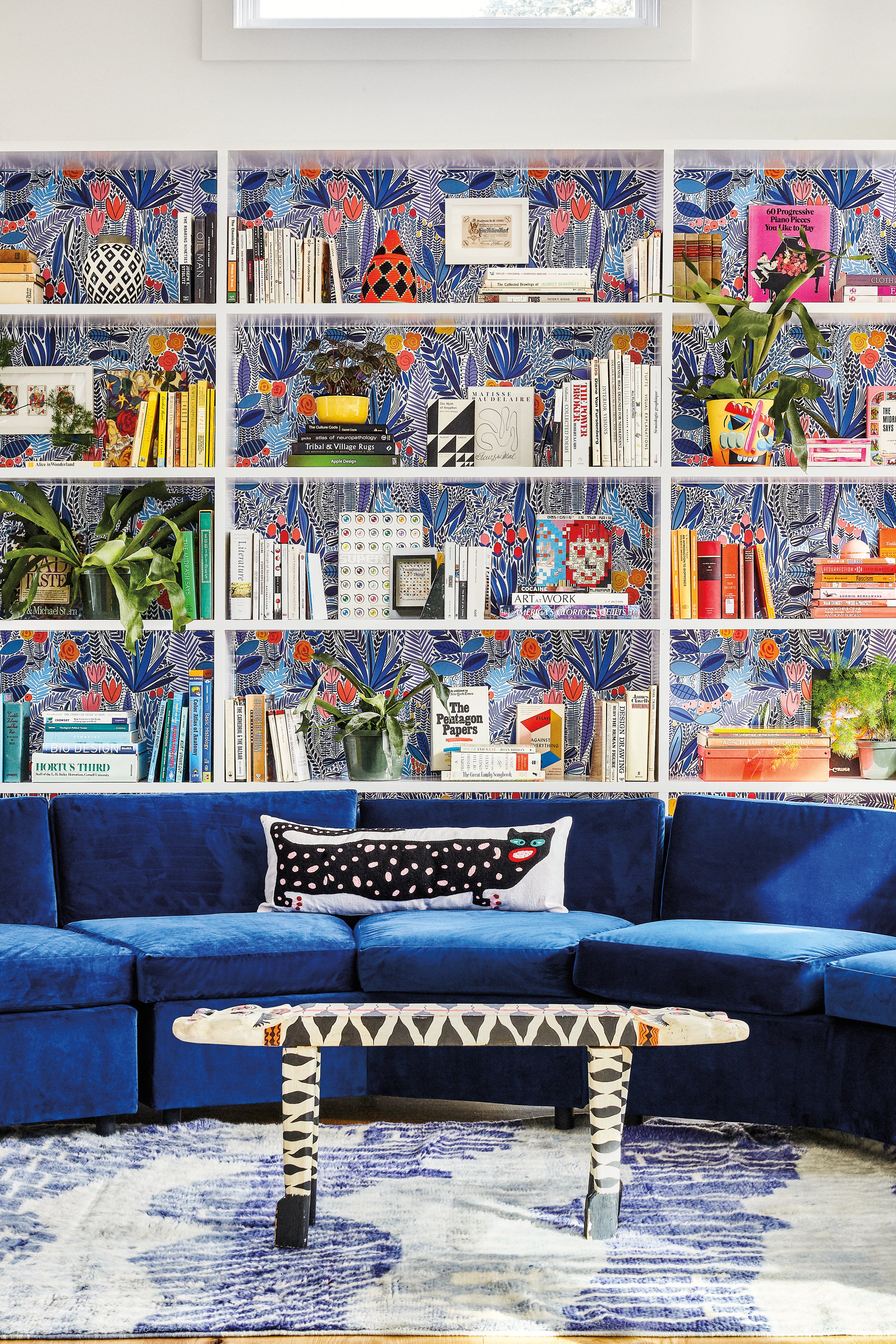 library with blue velvet sofa