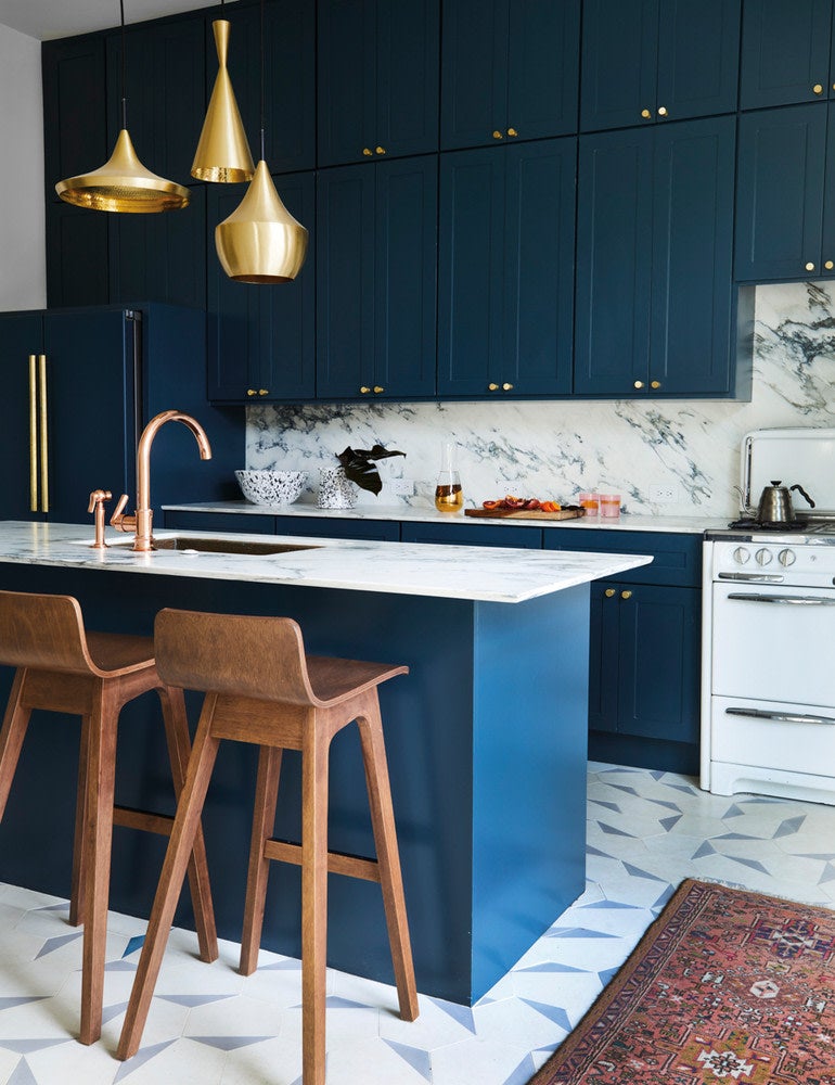 Blue and Brown and Gold Kitchen