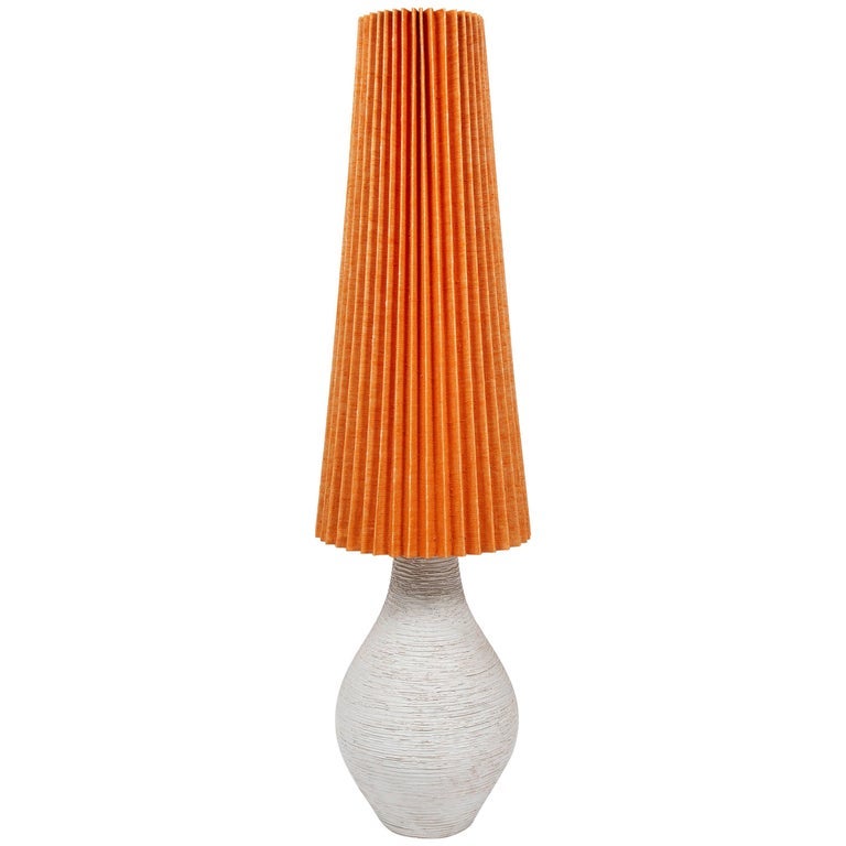 57_ Tall Danish Modern White Ceramic Gourd Lamp with Original Pleated Lampshade
