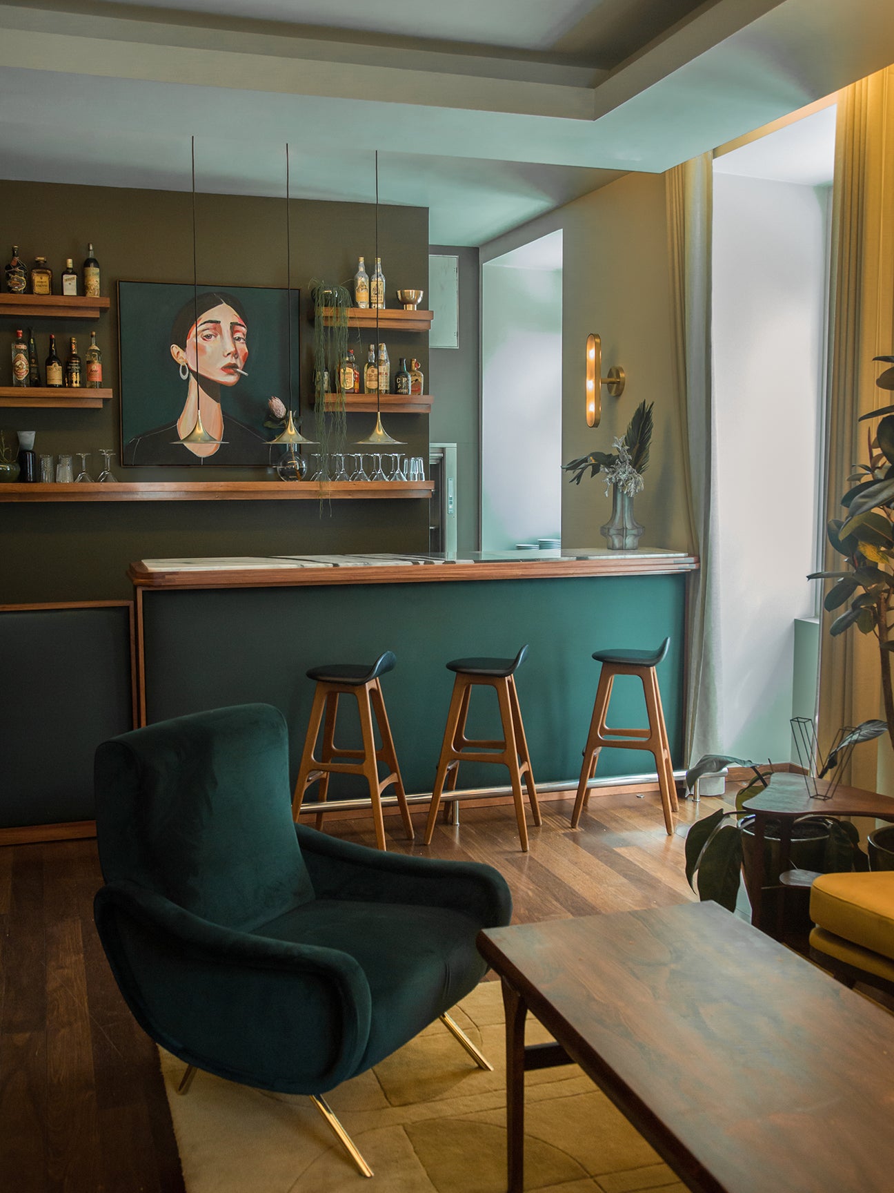 Green bar with wooden accents
