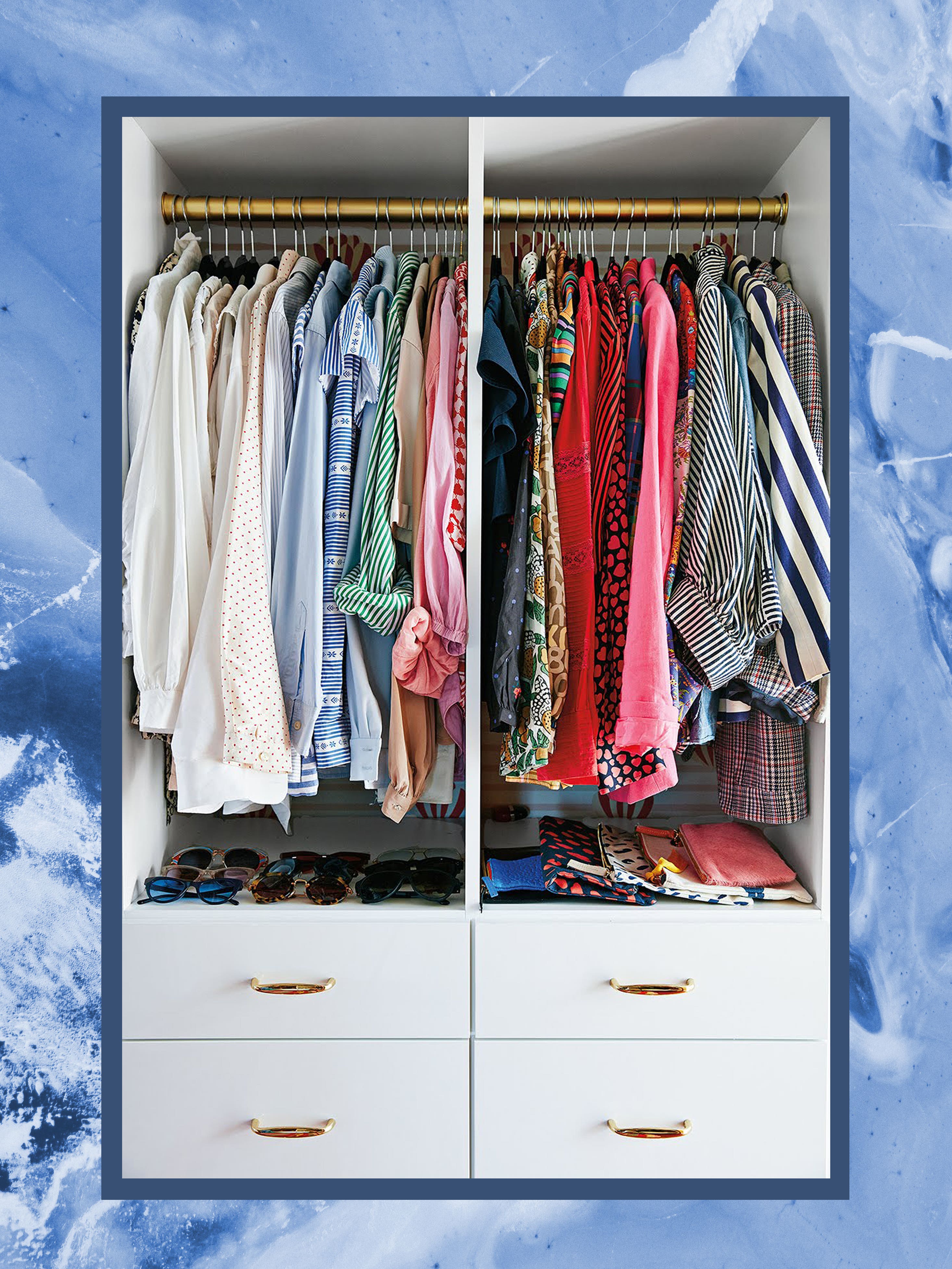 photo of a color coordinated closet on a blue backdrop