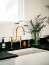 close up shot of a kitchen farmhouse sink with brass faucet