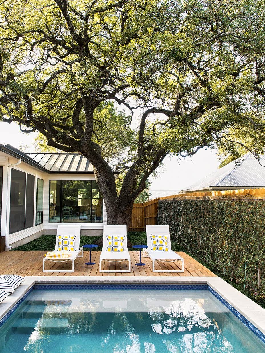house exterior with a pool and giant tree over three tanning chairs