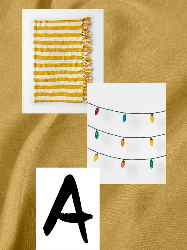 blanket, light,s and letter A on a graphic yellow backdrop