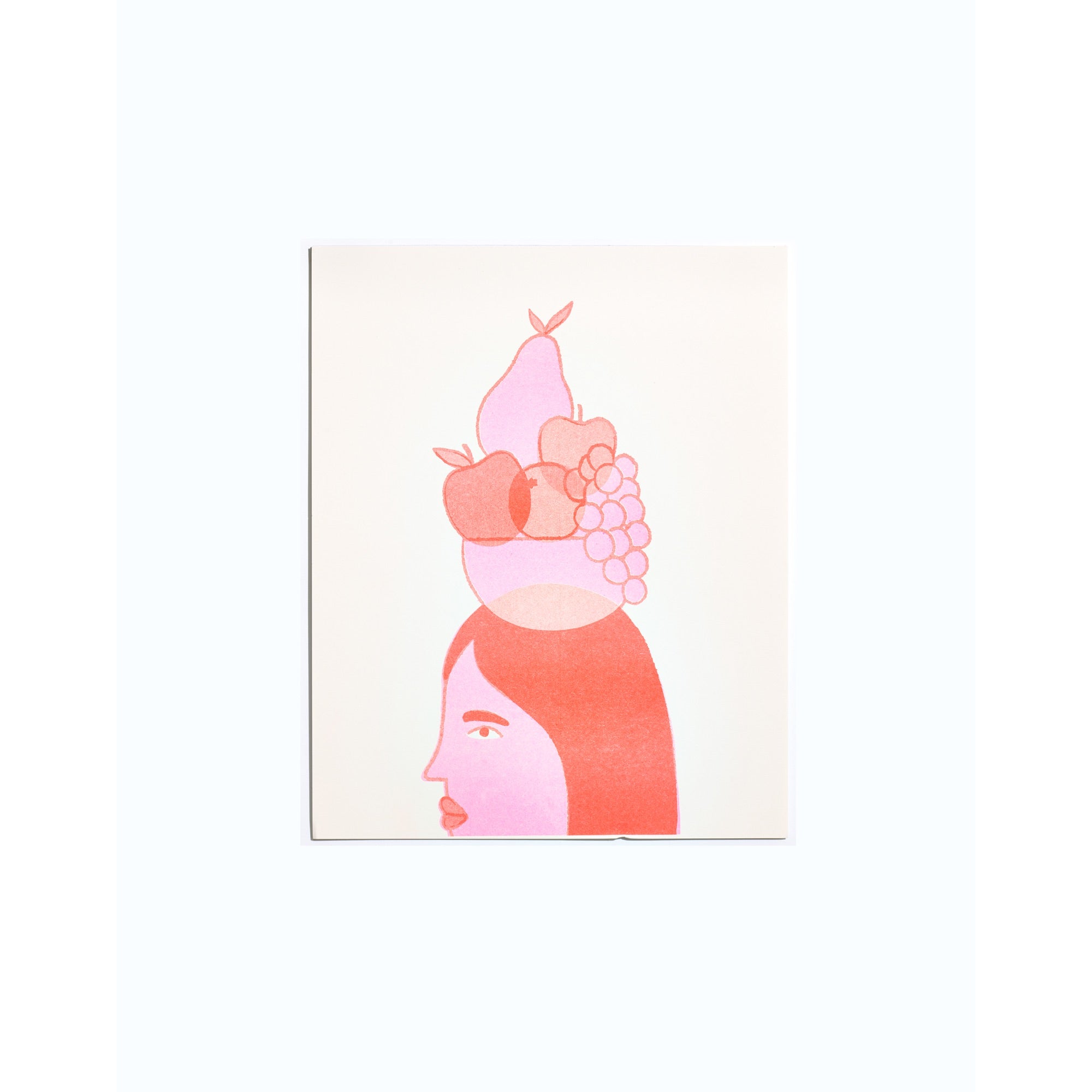 pink illustration of a woman with fruit on her head