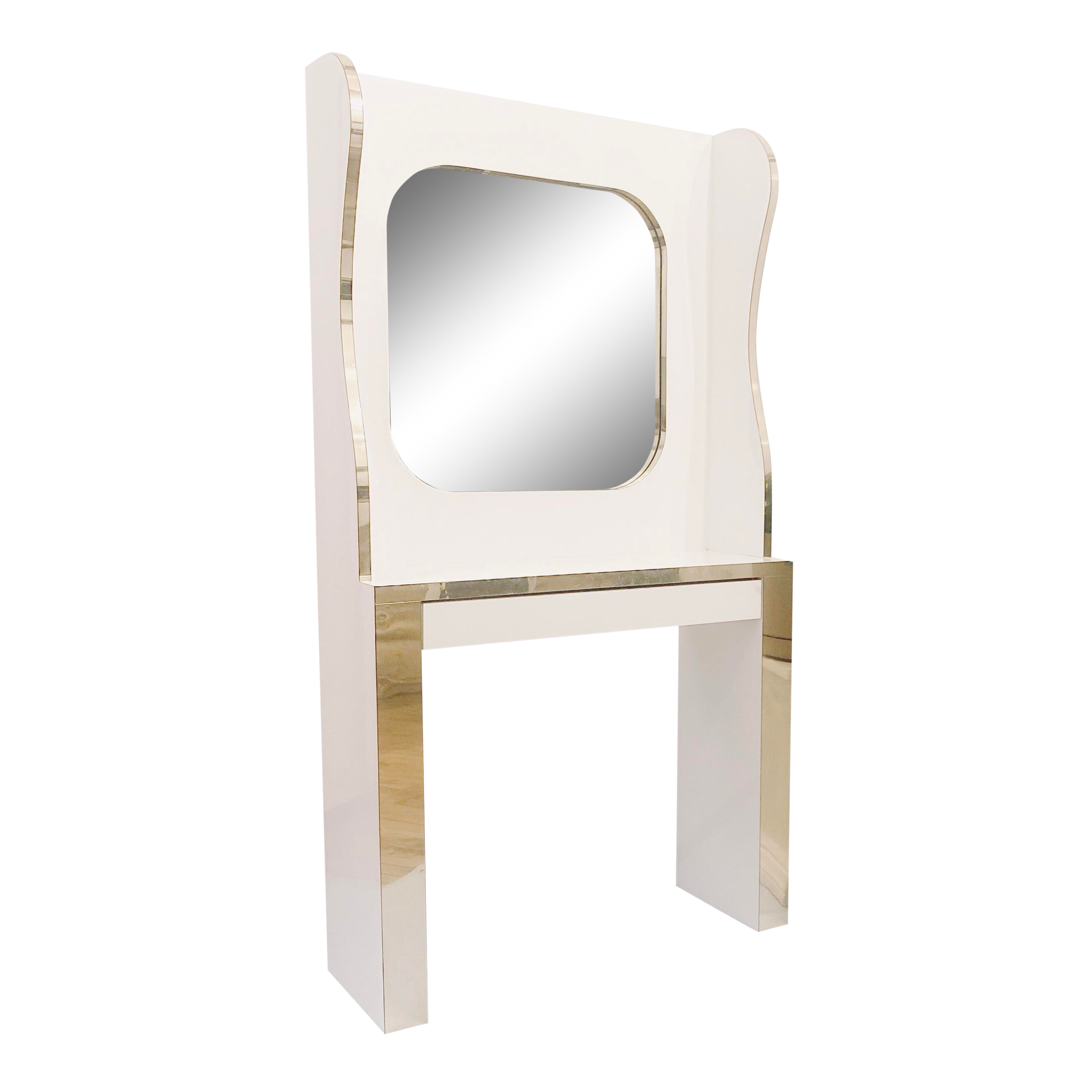 1980s Vintage White Lacquer Laminate _ Gold Trim Vanity With Mirror