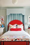 blue canopy over a red bed