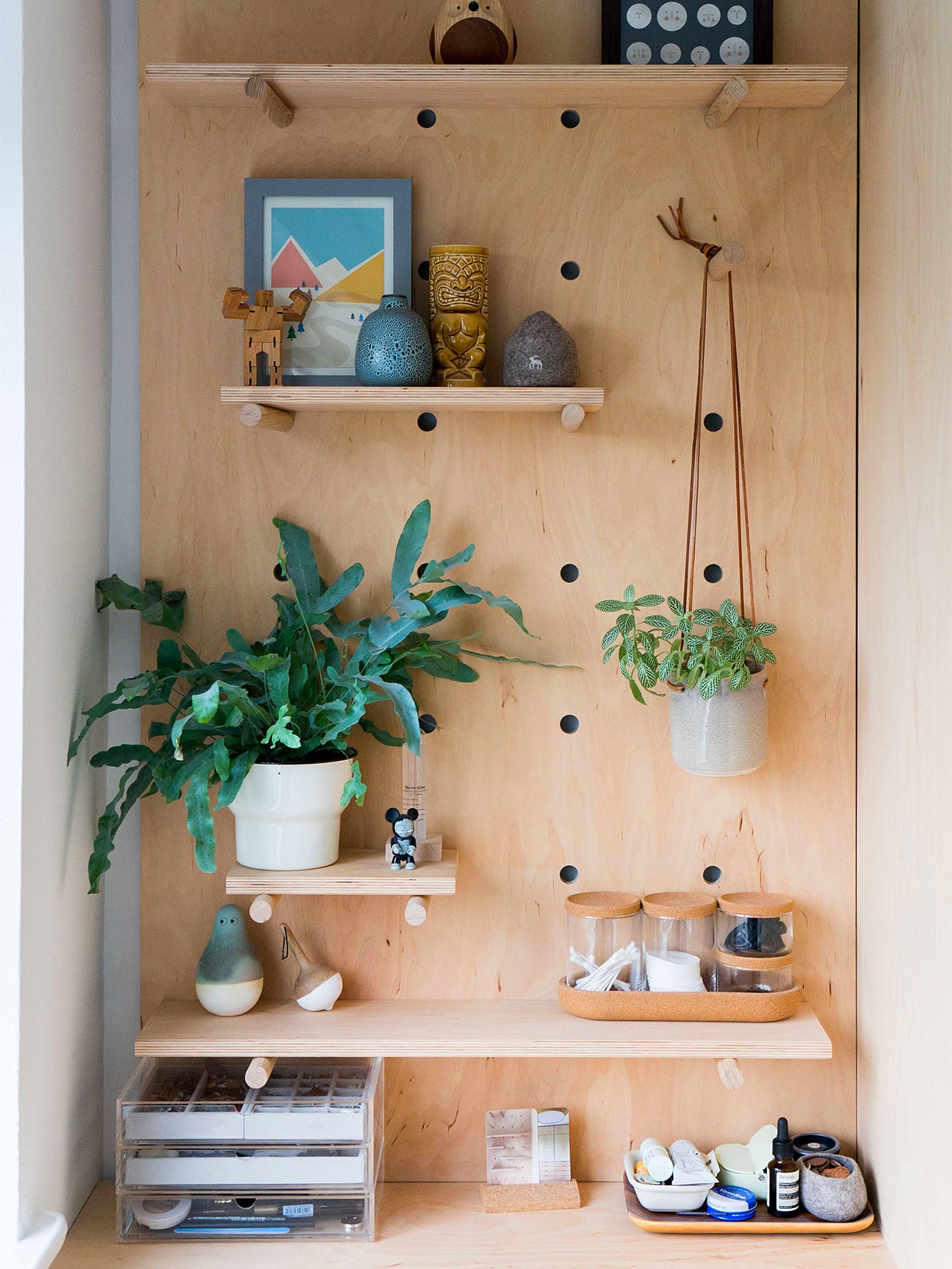 wood pegboard niche with hanging plants