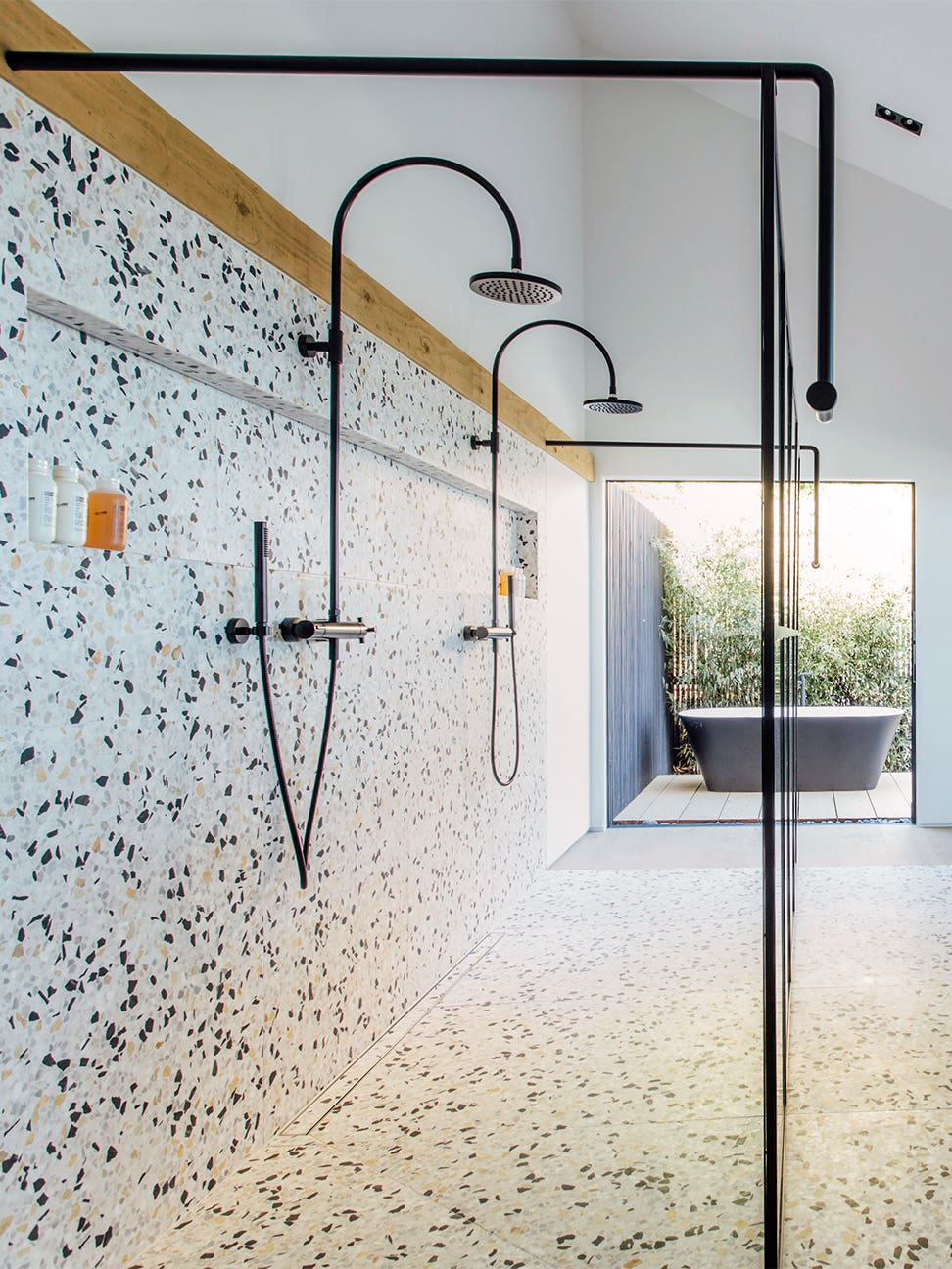 terrazzo shower with glass wall