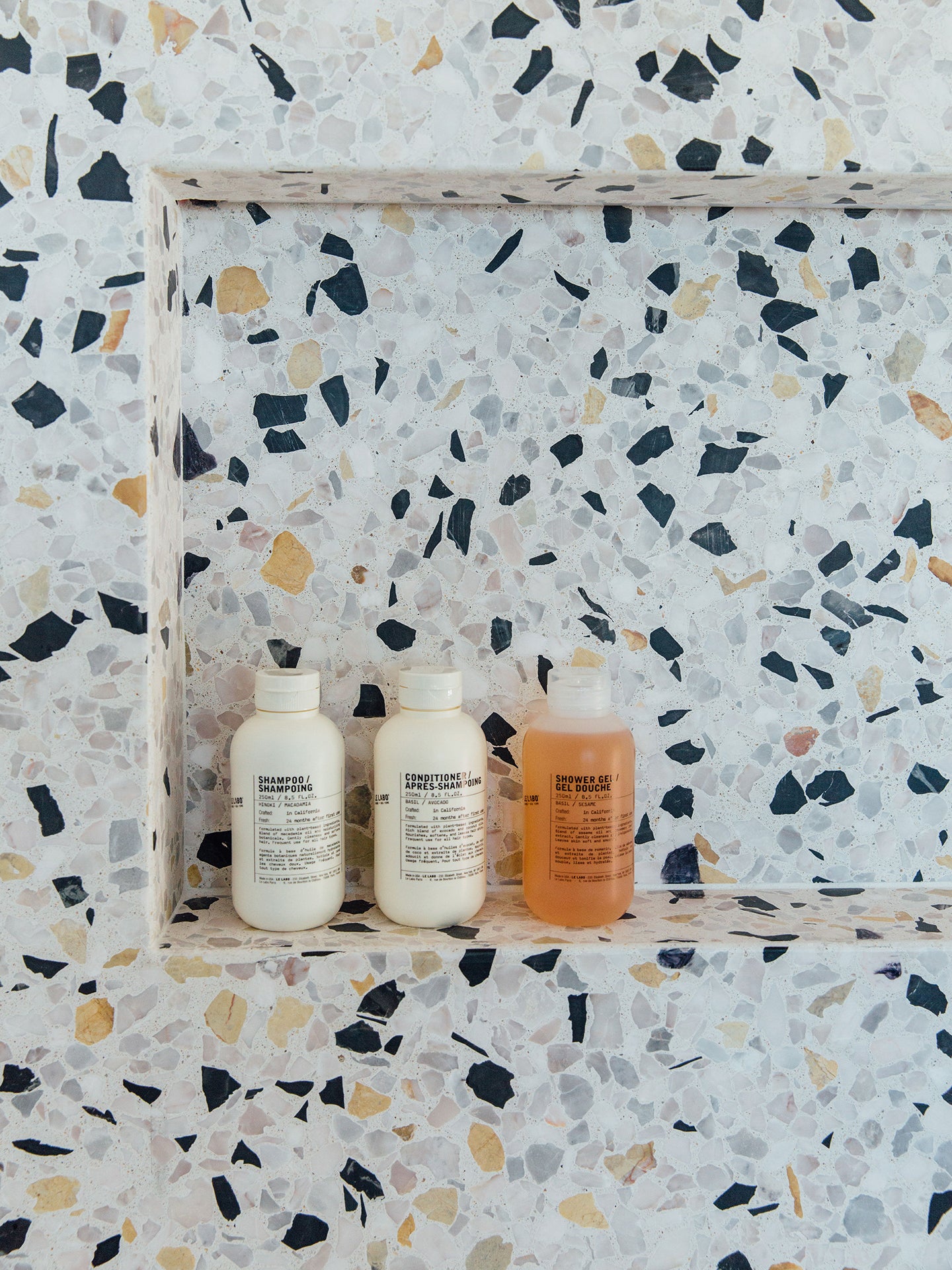 black and yellow terrazzo on white marble alabaster