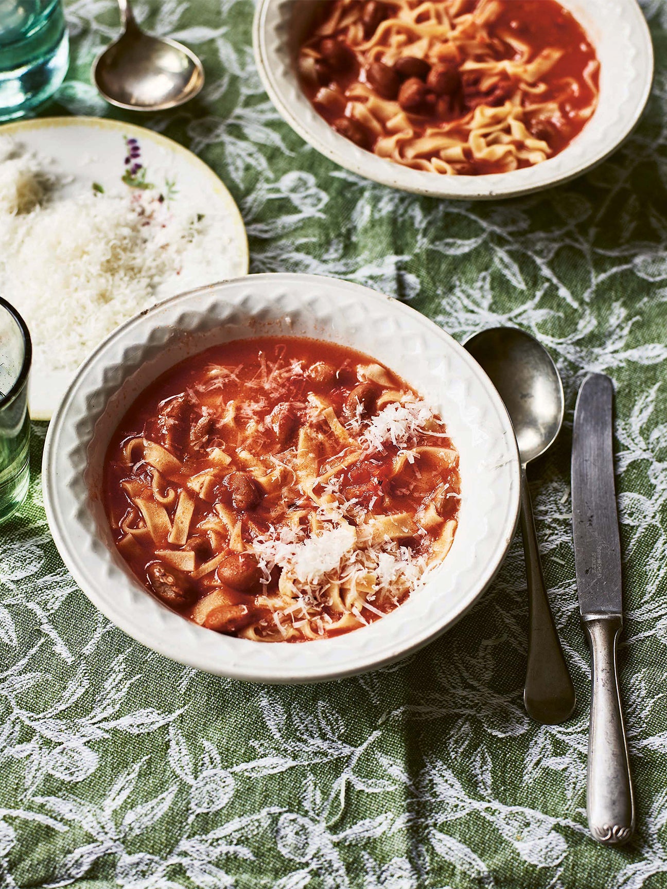 Pasta Soup on Green and White Tablecloth