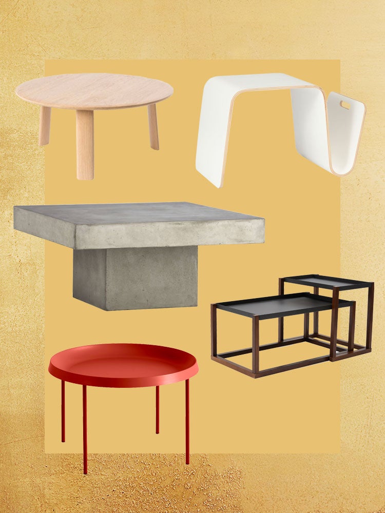 yellow background with five coffee tables superimposed