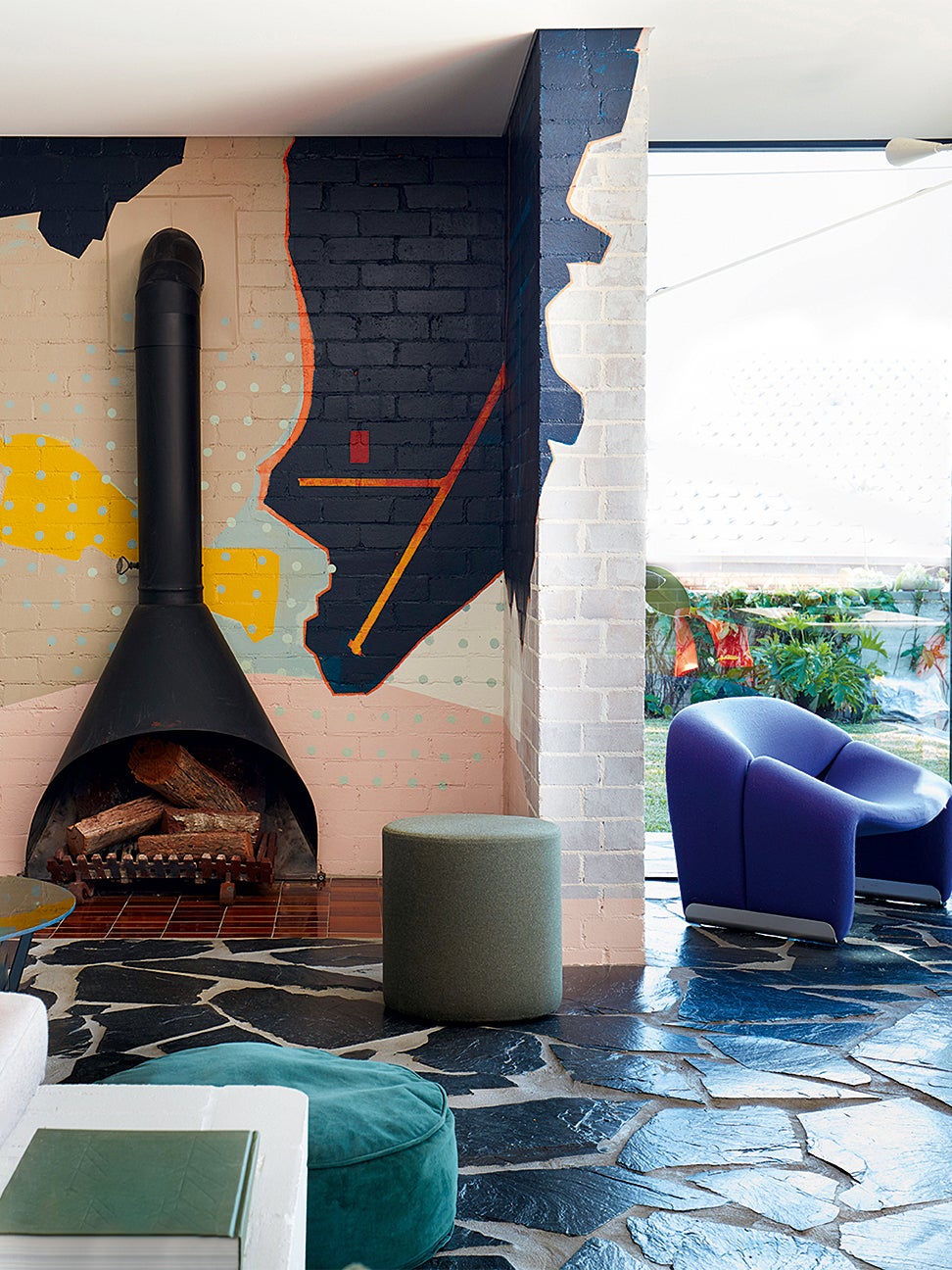 Hand-painted mural in midcentury home