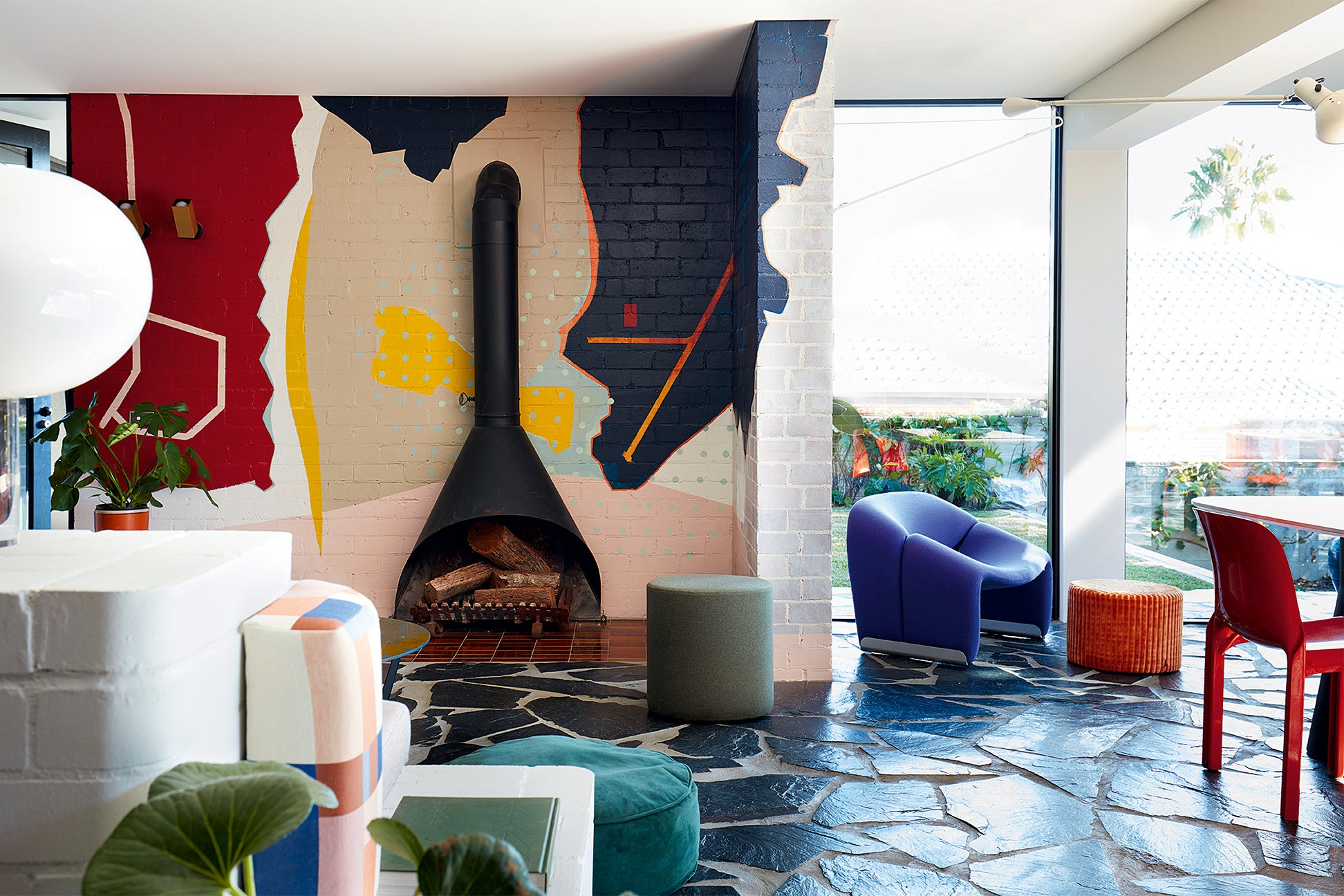 Hand-painted mural in midcentury home