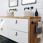 wood and white double sink vanity