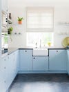 kitchen with pale blue cabinets