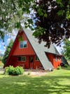 Red a-frame cabin