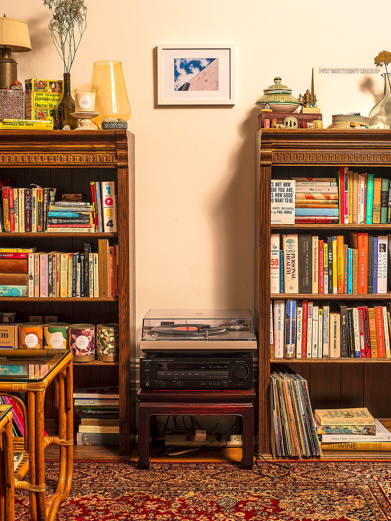 Bookshelves and record player