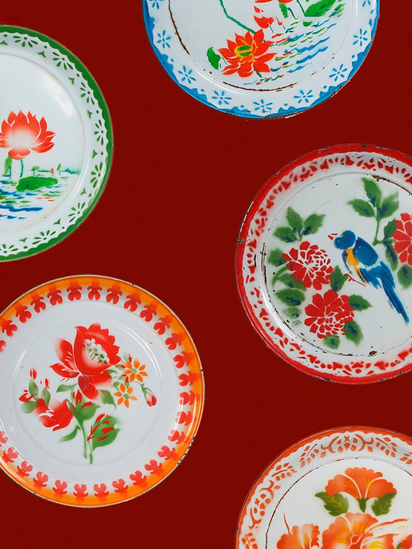 Vintage plates on red background
