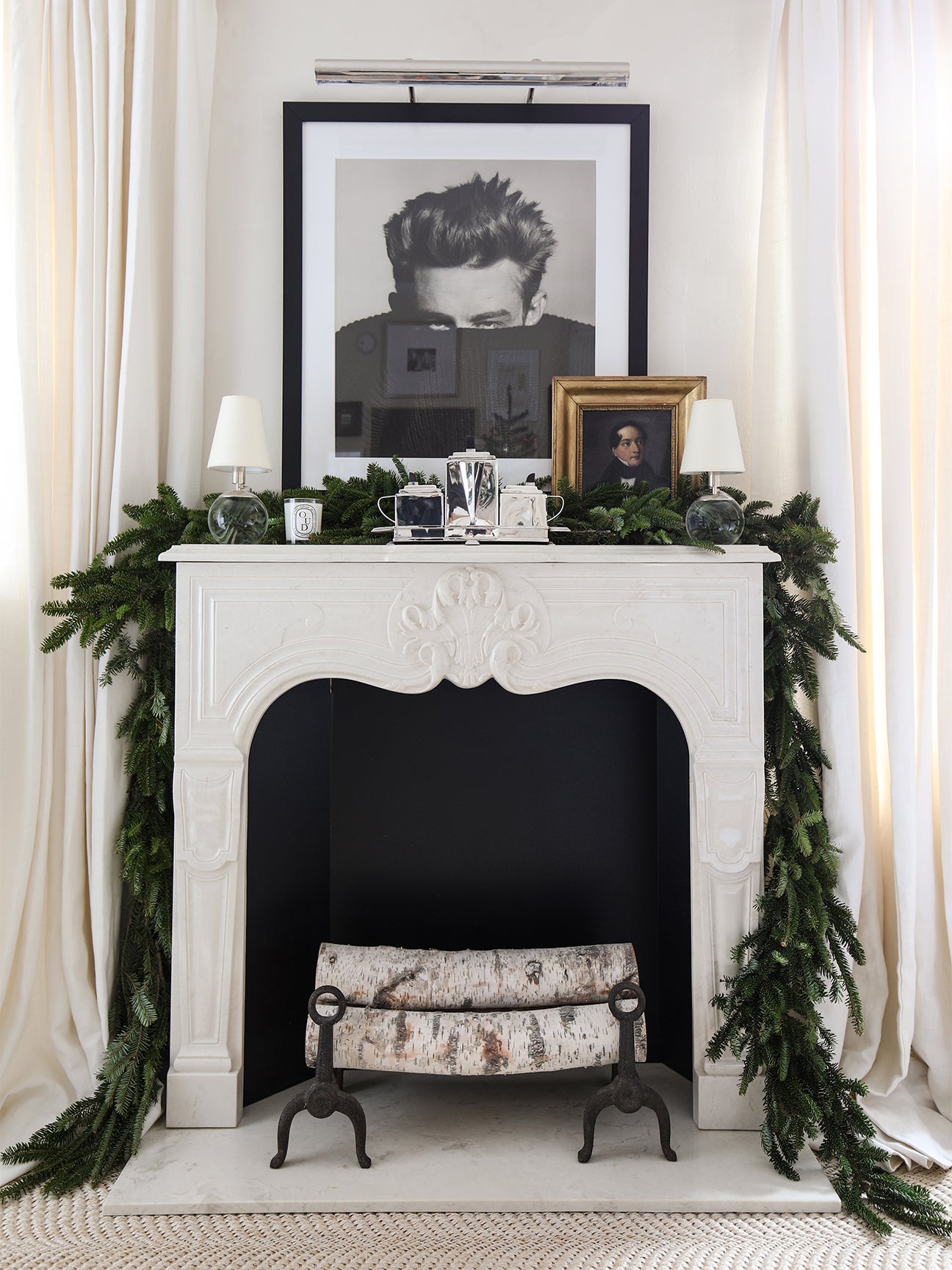 white mantel with green garland