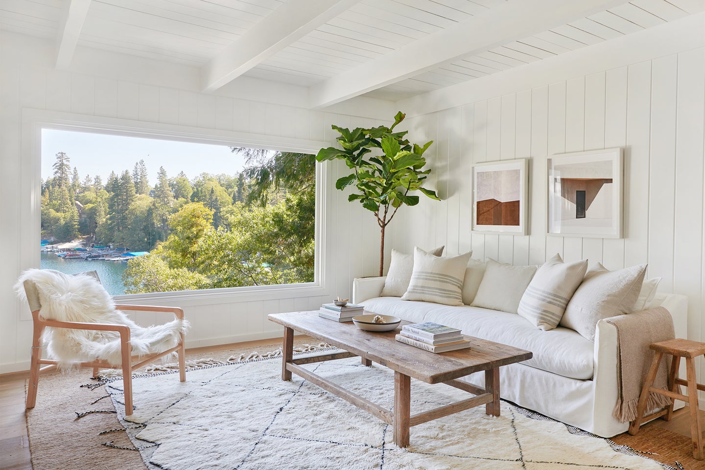 White living room with shiplap walls