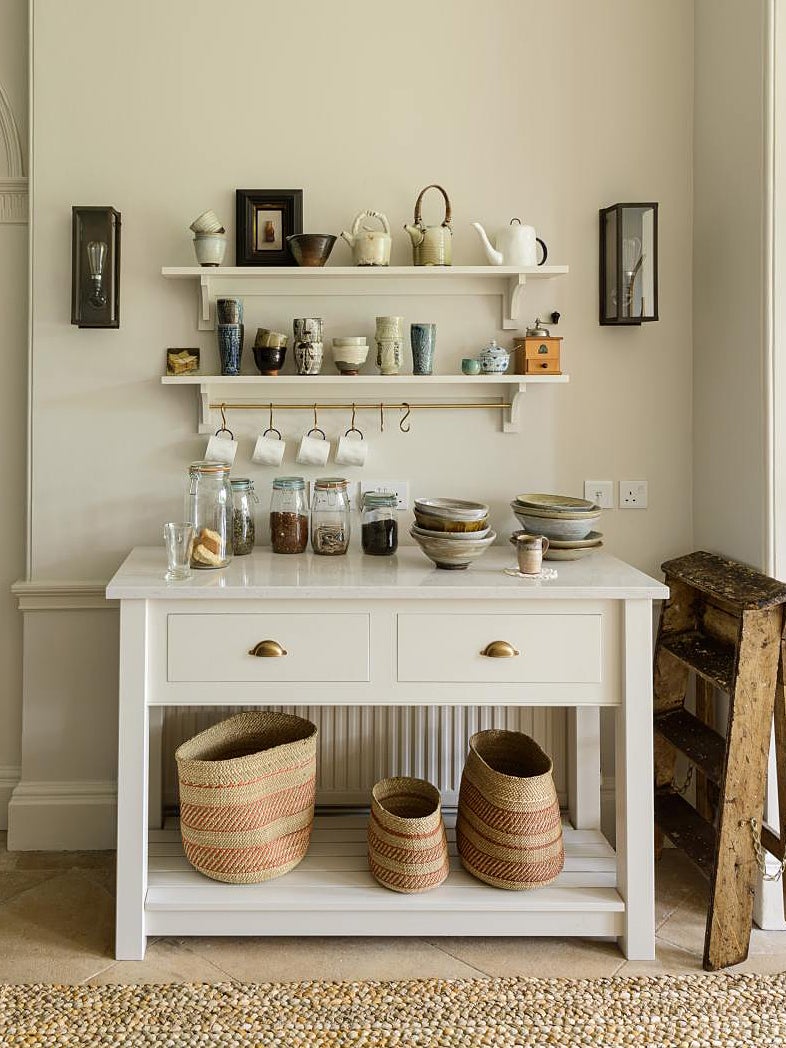 white coffee station with console table