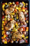 honey mustard chicken with vegetables on a sheet pan