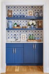 blue kitchen pantry nook with wallpaper