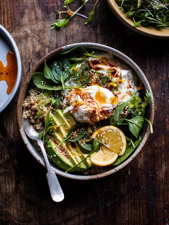 breakfast bowl with eggs and quinoa and avocado