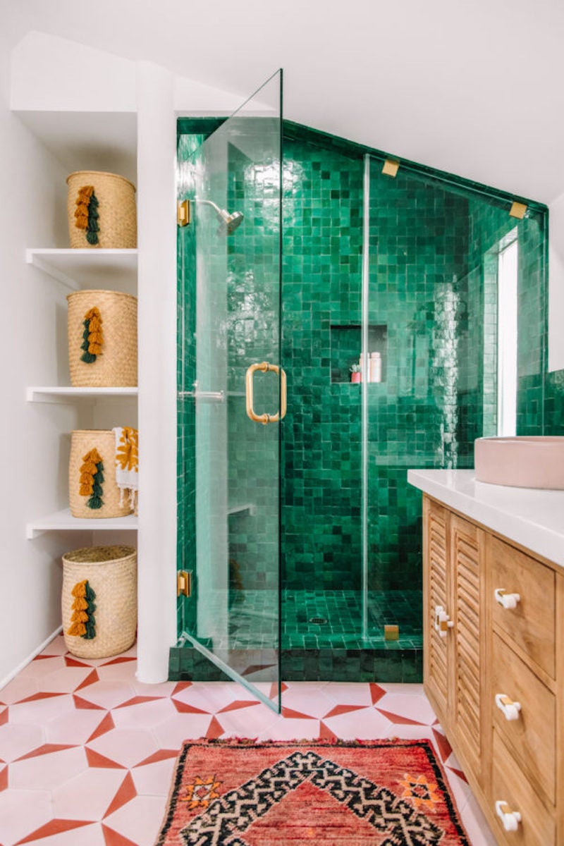 bright green shower tile and pink floors