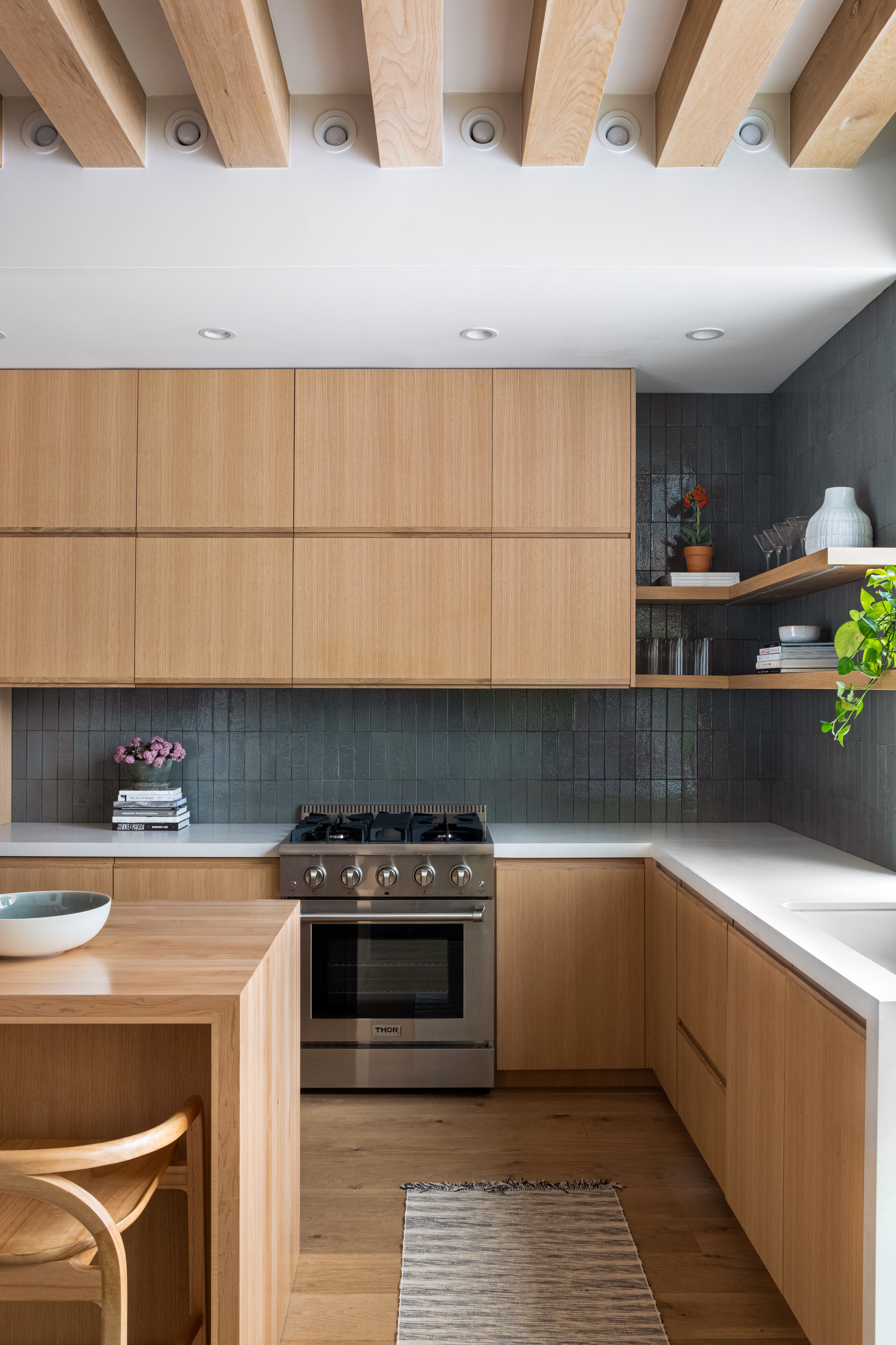 Modern kitchen with warm wood cabinets