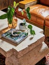 Travertine coffee table with books and plants